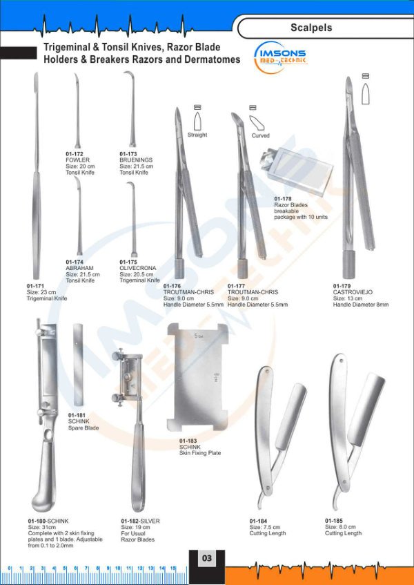 Scalpel Handles — Trigeminal & Tonsil Knives, Razor Blade Holders&Breakers Razors and Dermatomes, catalogue page 3