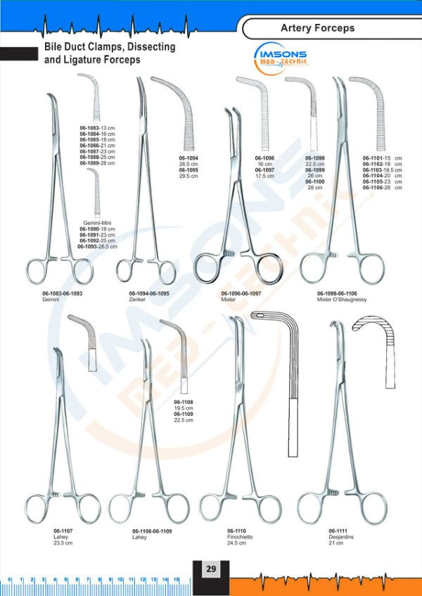 Artery Forceps — Bile Duct Clamps, Dissecting and Ligature Forceps, catalogue page 29