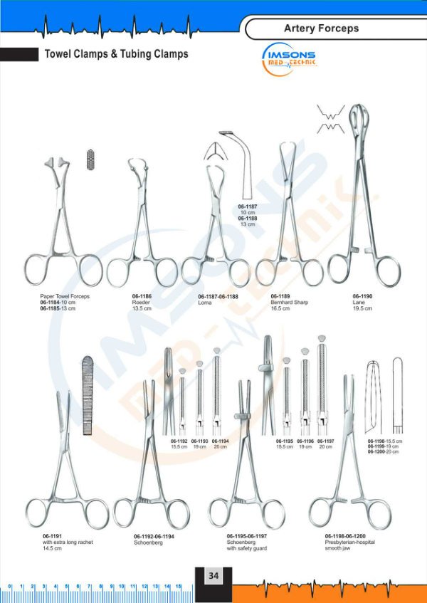 Artery Forceps — Towel Clamps & Tubing Clamps, catalogue page 34