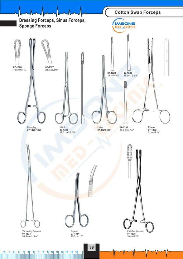 Cotton Swab Forceps — Dressing Forceps, Sinus Forceps, Sponge Forceps, catalogue page 38