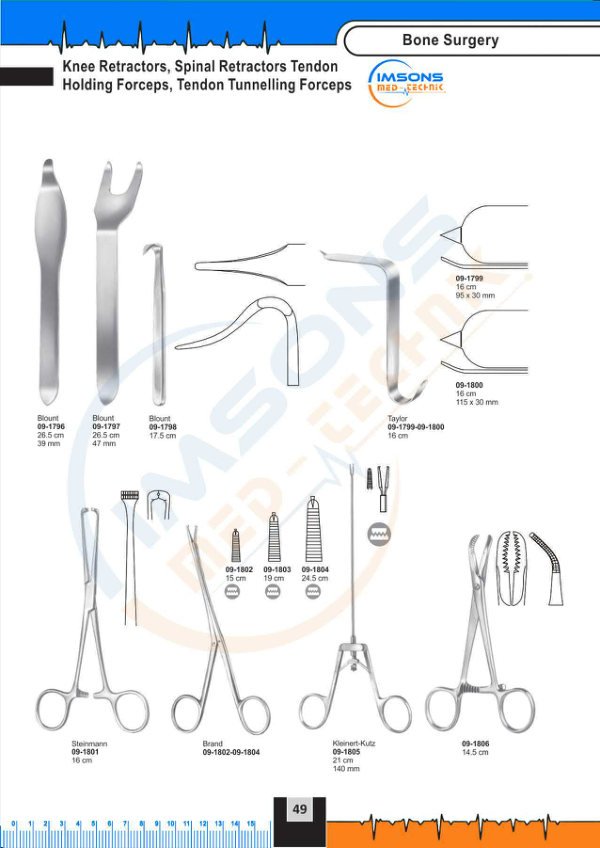Bone Surgery — Knee Retractors, Spinal Retractors Tendon Holding Forceps, Tendon Tunnelling Forceps, catalogue page 49