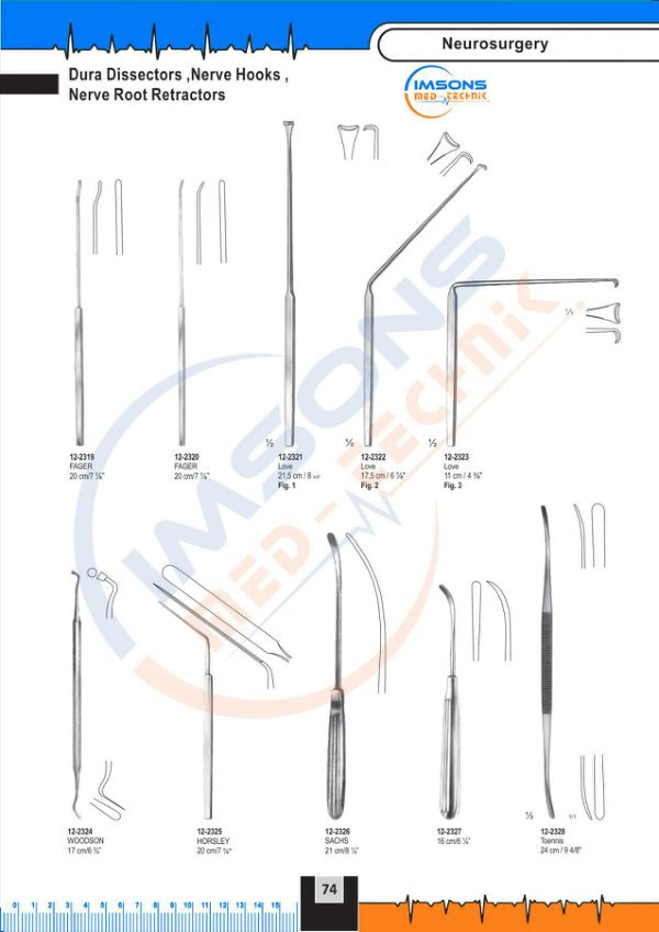 Neurosurgery — Dura Dissectors, Nerve Hooks Nerve Root Retractors, catalogue page 74