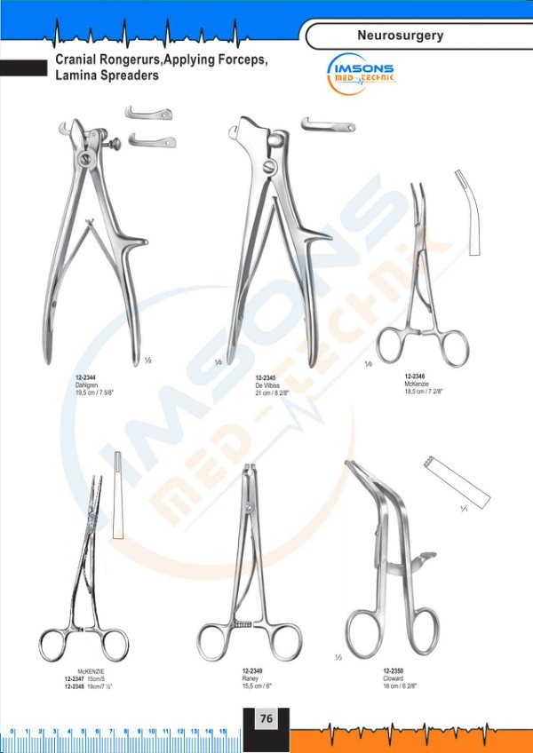 Neurosurgery — Cranial Rongerurs, Applying Forceps, Lamina Spreaders, catalogue page 76