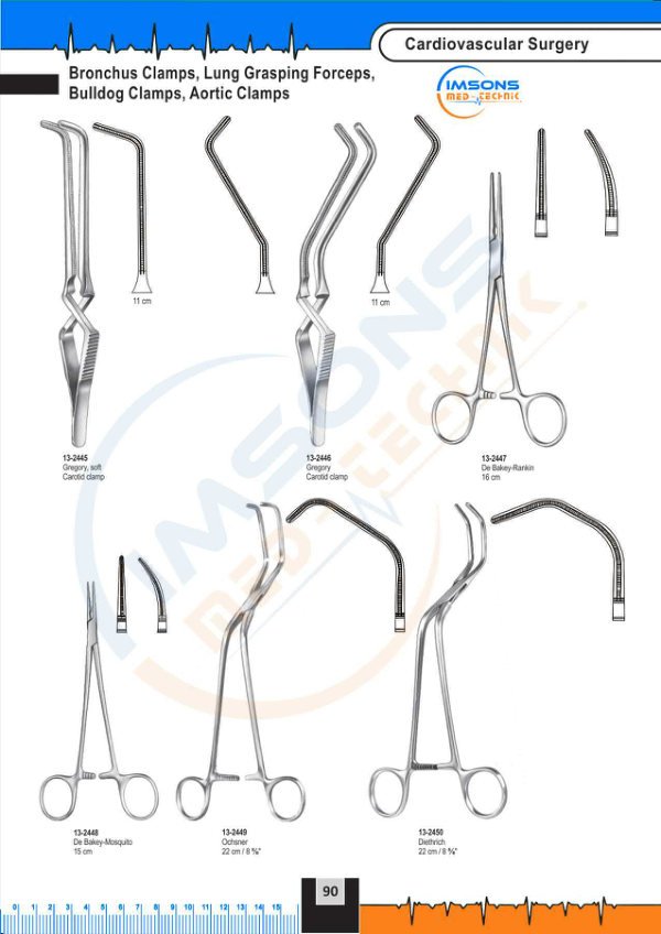 Cardiovascular — Bronchus Clamps, Lung Grasping Forceps, Bulldog Clamps, Aortic Clamps, catalogue page 90