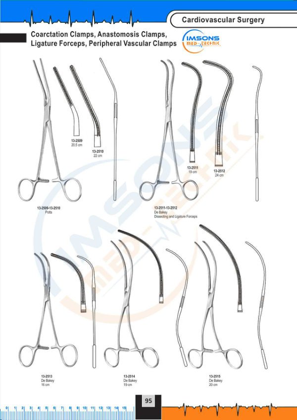 Cardiovascular — Coarctation Clamps, Anastomosis Clamps, Ligature Forceps, F Peripheral Vascular Clamps, catalogue page 95