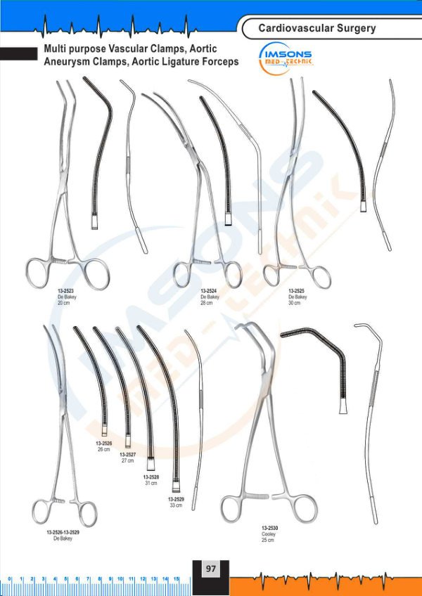 Cardiovascular — Multi purpose Vascular Clamps, Aortic Aneurysm Clamps, Aortic Ligature Forceps, catalogue page 97