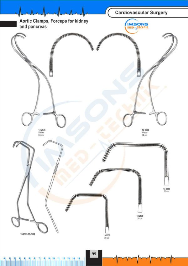 Cardiovascular — Aortic Clamps, Forceps for kidney and pancreas, catalogue page 99