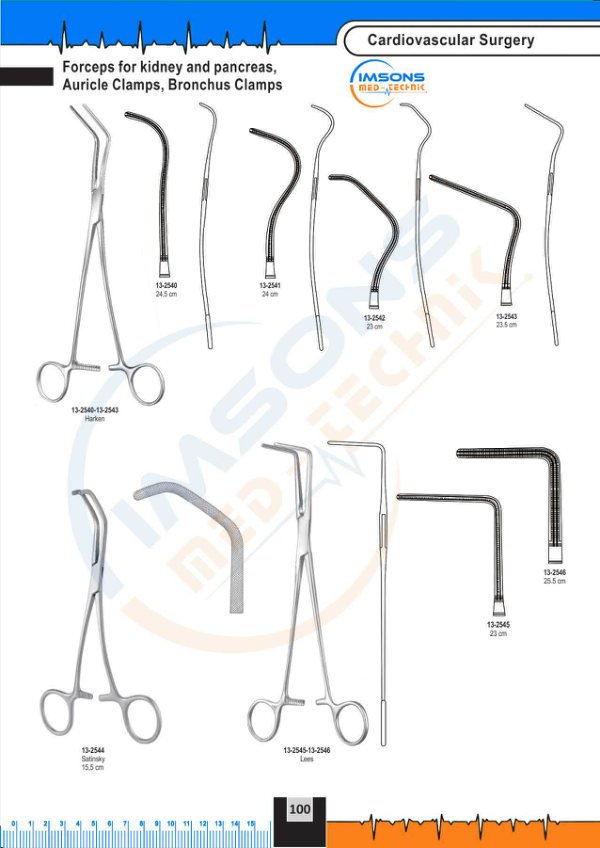 Cardiovascular — Forceps for kidney and pancreas Auricle Clamps, Bronchus Clamps, catalogue page 100