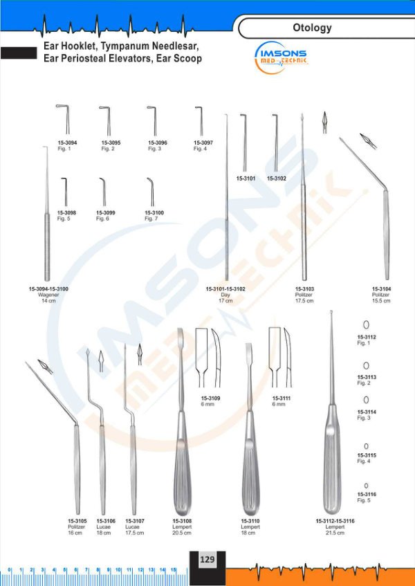 Otology — Ear Hooklet, Tympanum Needlesar, Ear P Periosteal Elevators, Ear Scoop, catalogue page 129