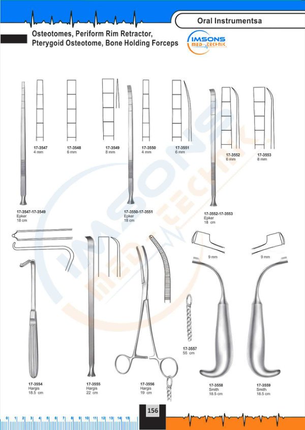 Oral Instruments — Osteotomes, Periform Rim Retractor, Pterygoid Osteotome, Bone Holding Forceps, catalogue page 156