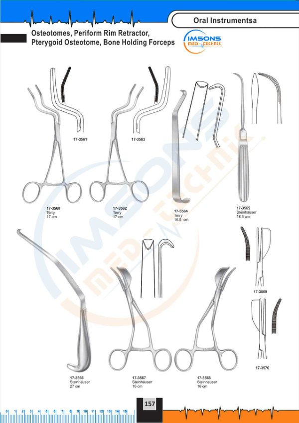 Oral Instruments — Osteotomes, Periform Rim Retractor, Pterygoid Osteotome, Bone Holding Forceps, catalogue page 157