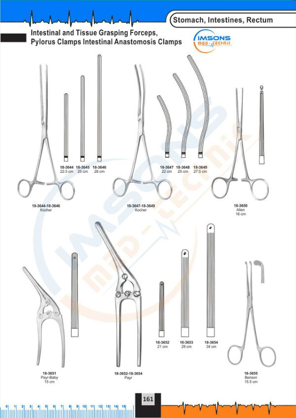 Stomach, Intestines, Rectum — Intestinal and Tissue Grasping Forceps, Pylorus Clamps Intestinal Anastomosis Clamp, catalogue page 161