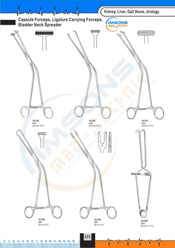 Kidney, Liver, Gall Stone, Urology — Capsule Forceps, Ligature e Carrying Forceps, Bladder Neck Spreader, catalogue page 171