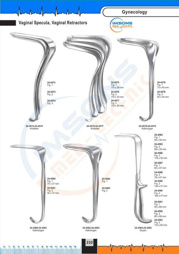 Gynaecology — Vaginal pecula, Vaginal Retractors, catalogue page 210