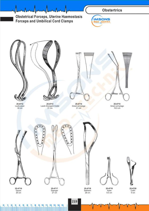 Obstetrics — Obstetrical Forceps, Uterine Haemostasis Forceps and Umbilical Cord Clamps, catalogue page 219
