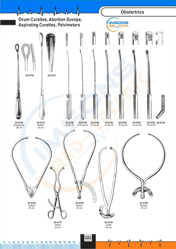 Obstetrics — Ovum Curettes, Abortion Scoops, Aspirating Curettes, F Pelvimeters, catalogue page 221