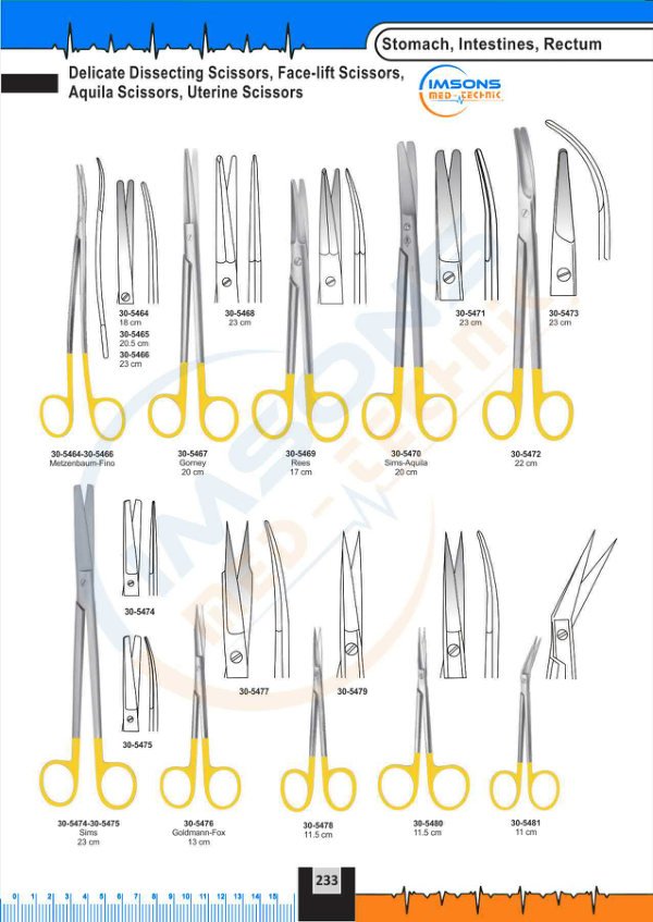 TC Instruments — Delicate Dissecting Scissors, Face-lift Scissor Aquila Scissors, Uterine Scissors, catalogue page 233
